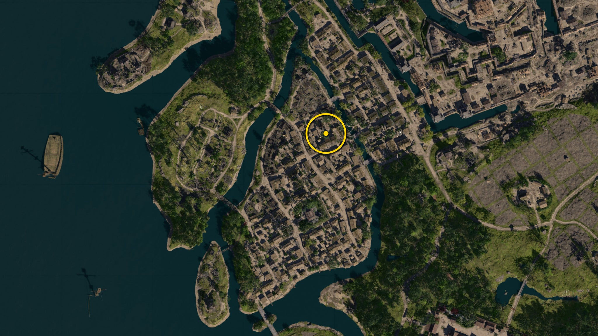 A zoomed in map of Osaka in Assassin's Creed Shadows, with the location of the Yellow Origami Butterfly marked with a yellow circle. - 6