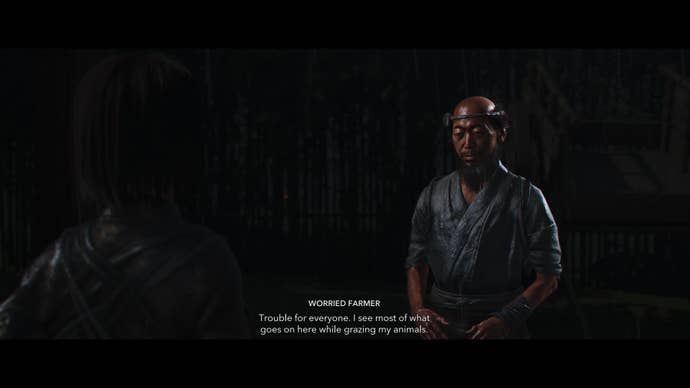 Naoe speaking to a farmer as part of the Out To Pasture quest in Assassin’s Creed Shadows.