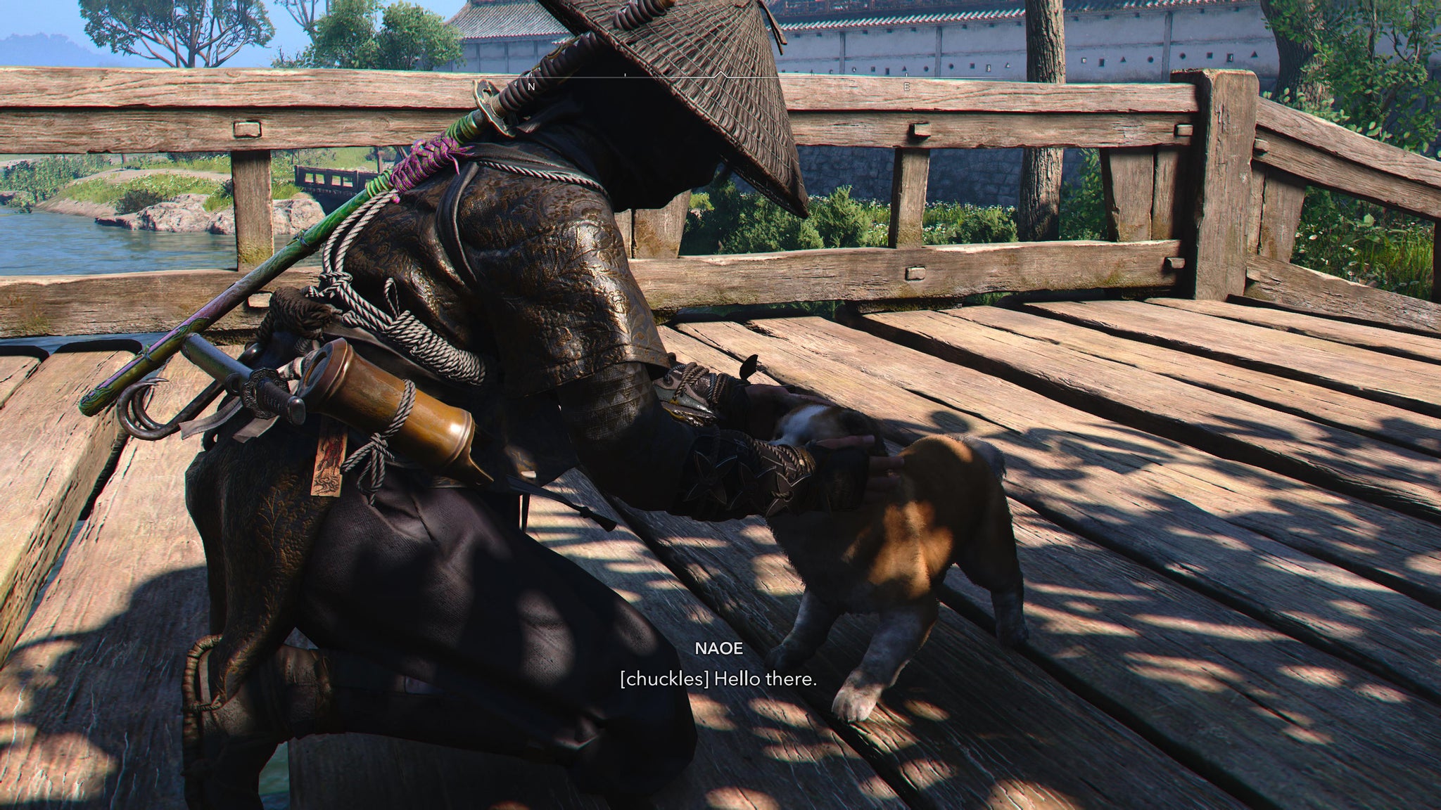 Naoe petting a puppy in Assassin's Creed Shadows. - 3