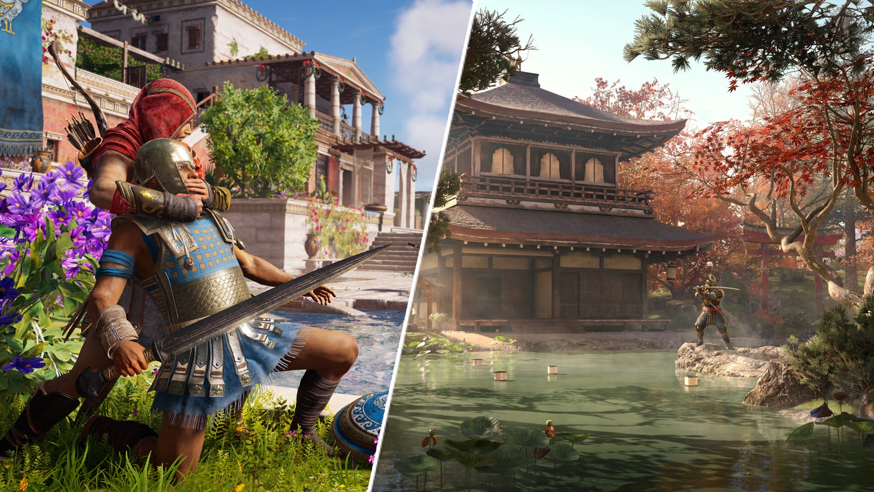 A soldier being assassinated in Assassin's Creed Odyssey opposite Yasuke in Assassin's Creed Shadows. - 1