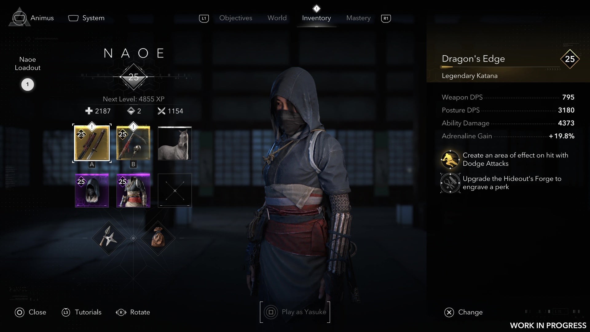 Naoe's inventory screen, showing lots of legendary loot. - 5