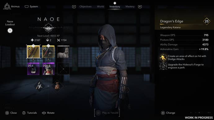 Naoe’s inventory screen, showing lots of legendary loot.