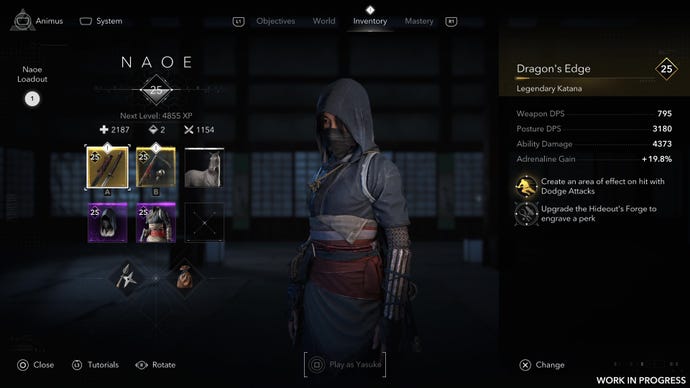 Naoe's inventory screen, showing lots of legendary loot.