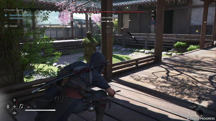 Treading along sun-dappled, traditional Japanese house flooring as Naoe stalks her target.