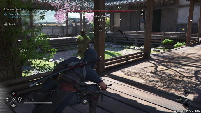 Treading along sun-dappled, traditional Japanese house flooring as Naoe stalks her target.