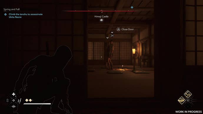 Naoe hides behind a paper door as she stalks her target.