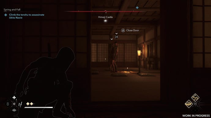 Naoe hides behind a paper door as she stalks her target.