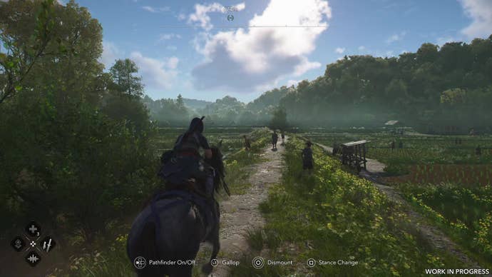 Riding a horse through a serene rice paddy.