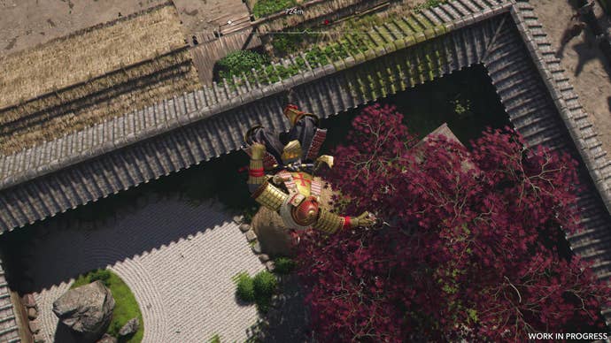 Yasuke falls into a hay bale in Assassin’s Creed Shadows.