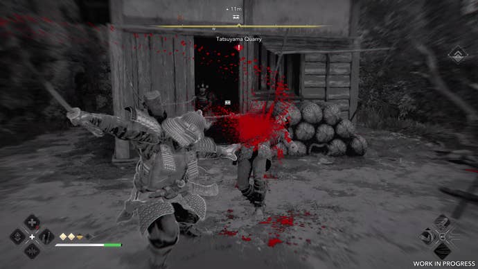 Yasuke performs a finisher move on a guard in Assassin’s Creed Shadows. The screen is black and white, with only a red slash of blood in colour.