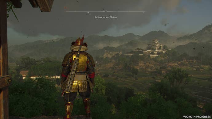 Yasuke looks at the horizon towards HImeji Castle in Assassin’s Creed Shadows.