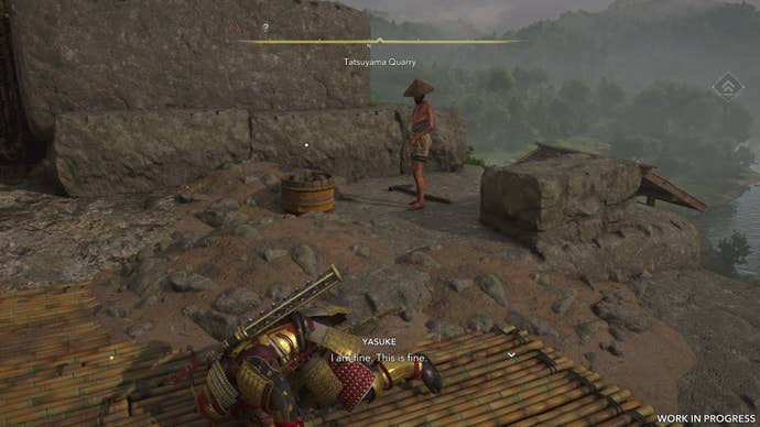 Yasuke lies on the floor after messing up an eagle dive in Assassin’s Creed Shadows, saying “I am fine. This is fine."