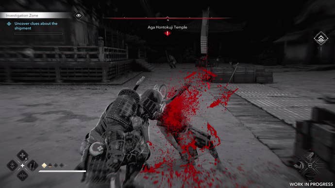 Yasuke performs a finisher move on a guard in Assassin’s Creed Shadows. The screen is black and white, with only a red slash of blood in colour.