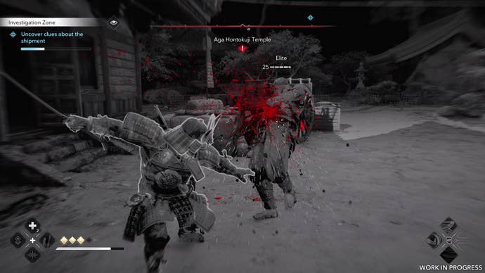 Yasuke performs a finisher move on a guard in Assassin’s Creed Shadows. The screen is black and white, with only a red slash of blood in colour.