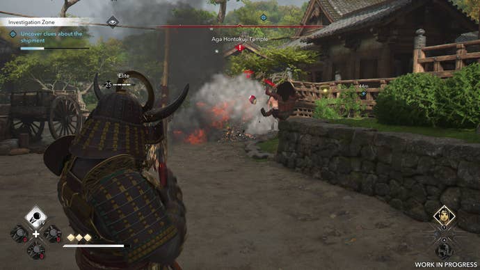 Yasuke blows up an explosive barrel with a teppo rifle in Assassin’s Creed Shadows.