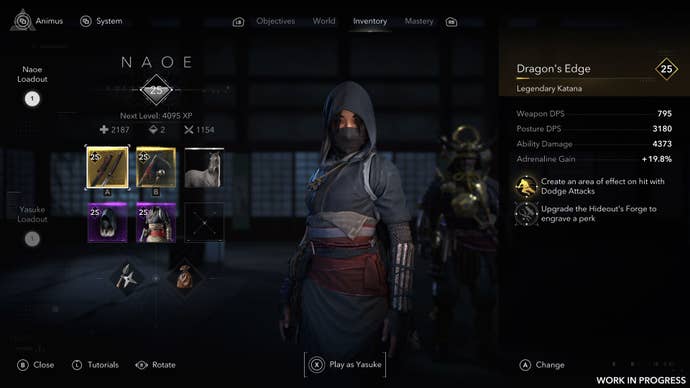 The menu screen for Naoe in Assassin’s Creed Shadows.