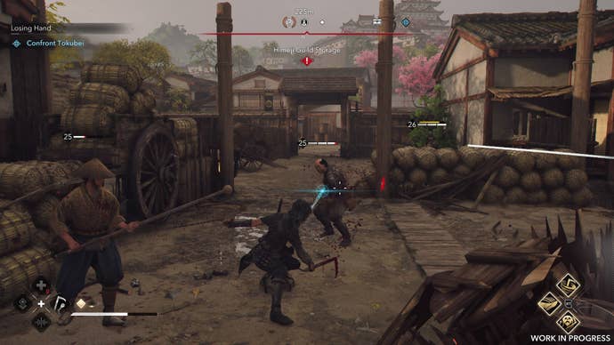 Naoe fights several guards at once in Assassin’s Creed Shadows.