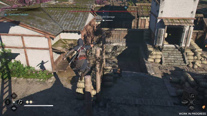 Naoe runs across wooden beams at the top of a gambling den in Assassin’s Creed Shadows.