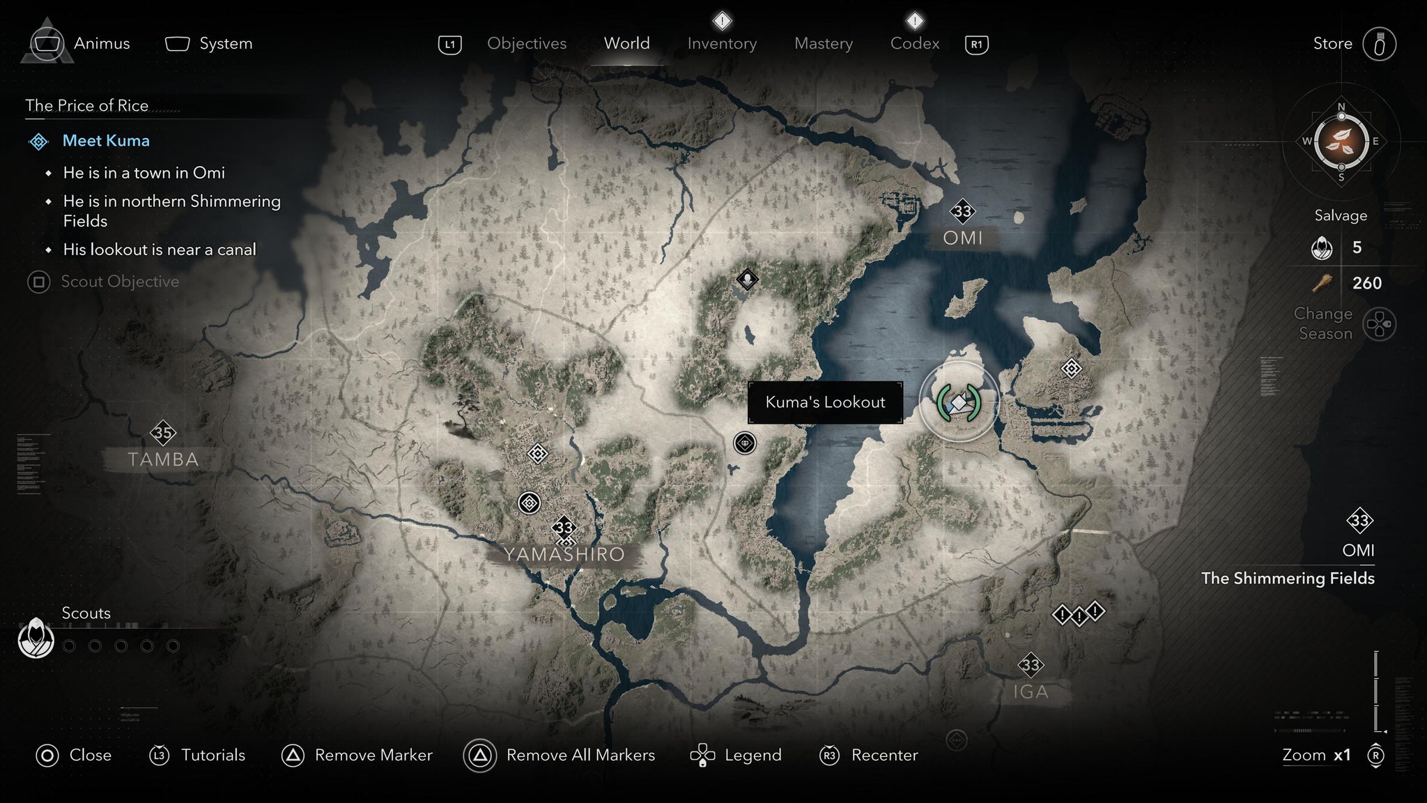 A map screen showing the location of Kuma's Lookout in Assassin's Creed Shadows. - 3