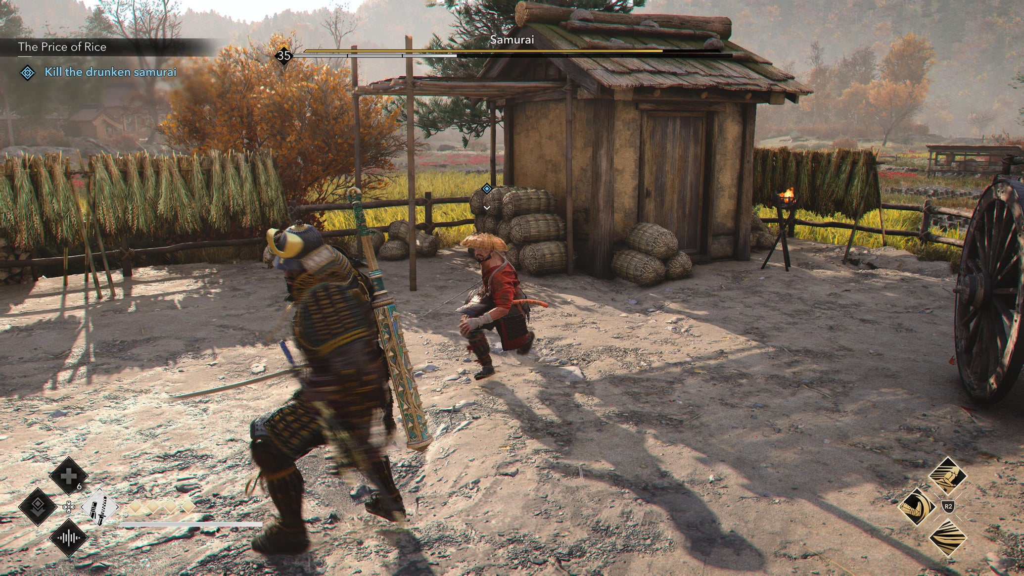 Yasuke fighting a drunken samurai during the Price of Rice quest in Assassin's Creed Shadows. - 1