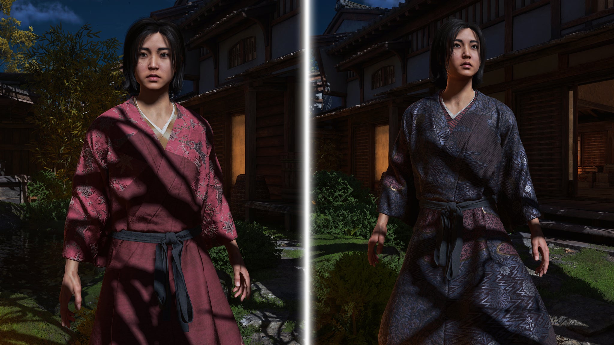 A side-by-side comparison of Naoe, a protagonist of Assassin's Creed Shadows, standing in a garden at night wearing two different styles of kosode: on the left she's wearing red Chinese silk, and on the right she's wearing black Portuguese silk. - 4