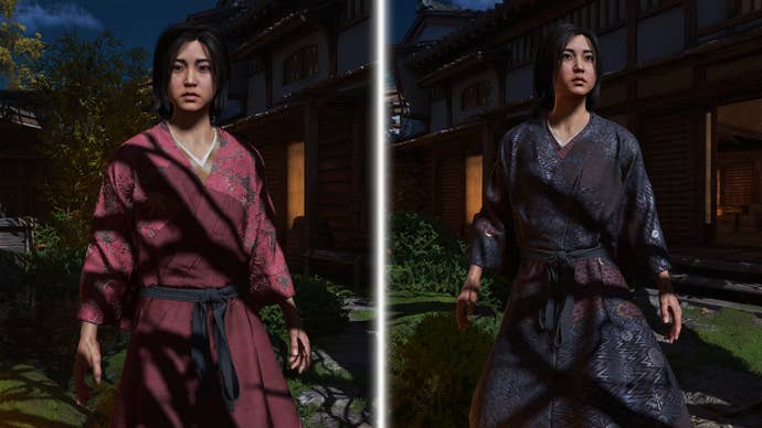 A side-by-side comparison of Naoe, a protagonist of Assassin’s Creed Shadows, standing in a garden at night wearing two different styles of kosode: on the left she’s wearing red Chinese silk, and on the right she’s wearing black Portuguese silk.