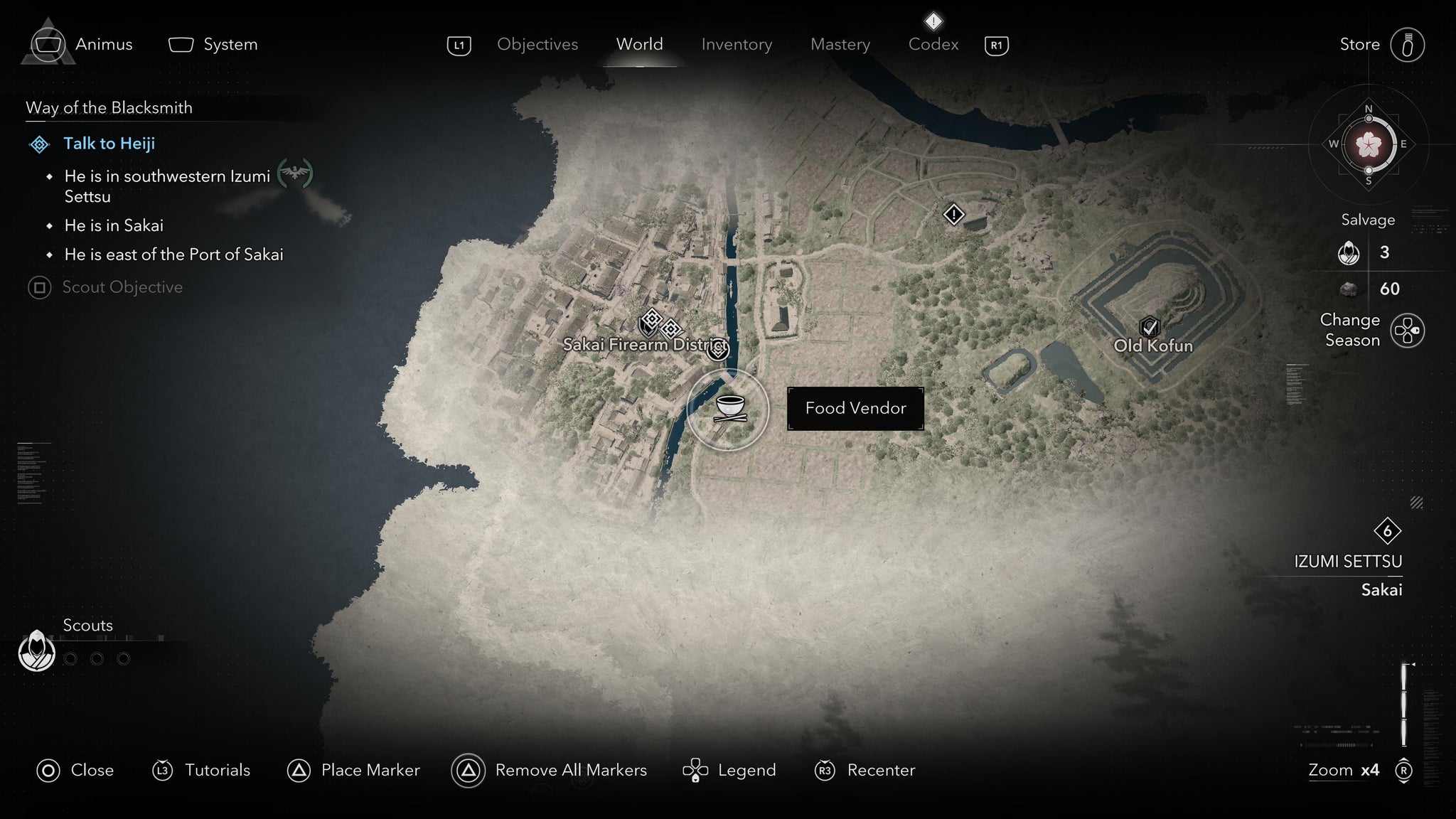 A map screen showing the location of a food vendor where you can refill your rations in Assassin's Creed Shadows. - 4