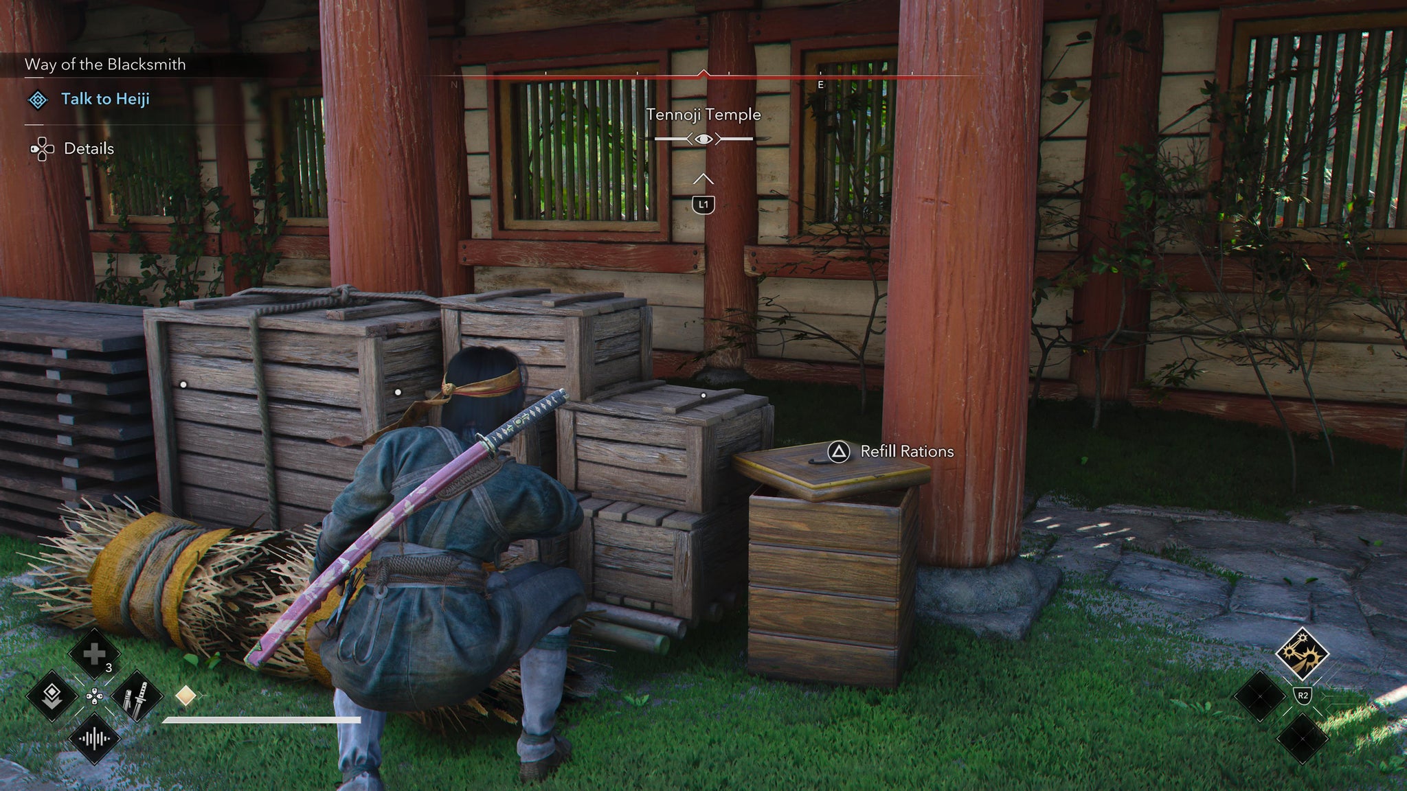 Naoe crouching next to a food storage box where she can refill her rations in Assassin's Creed Shadows. - 3