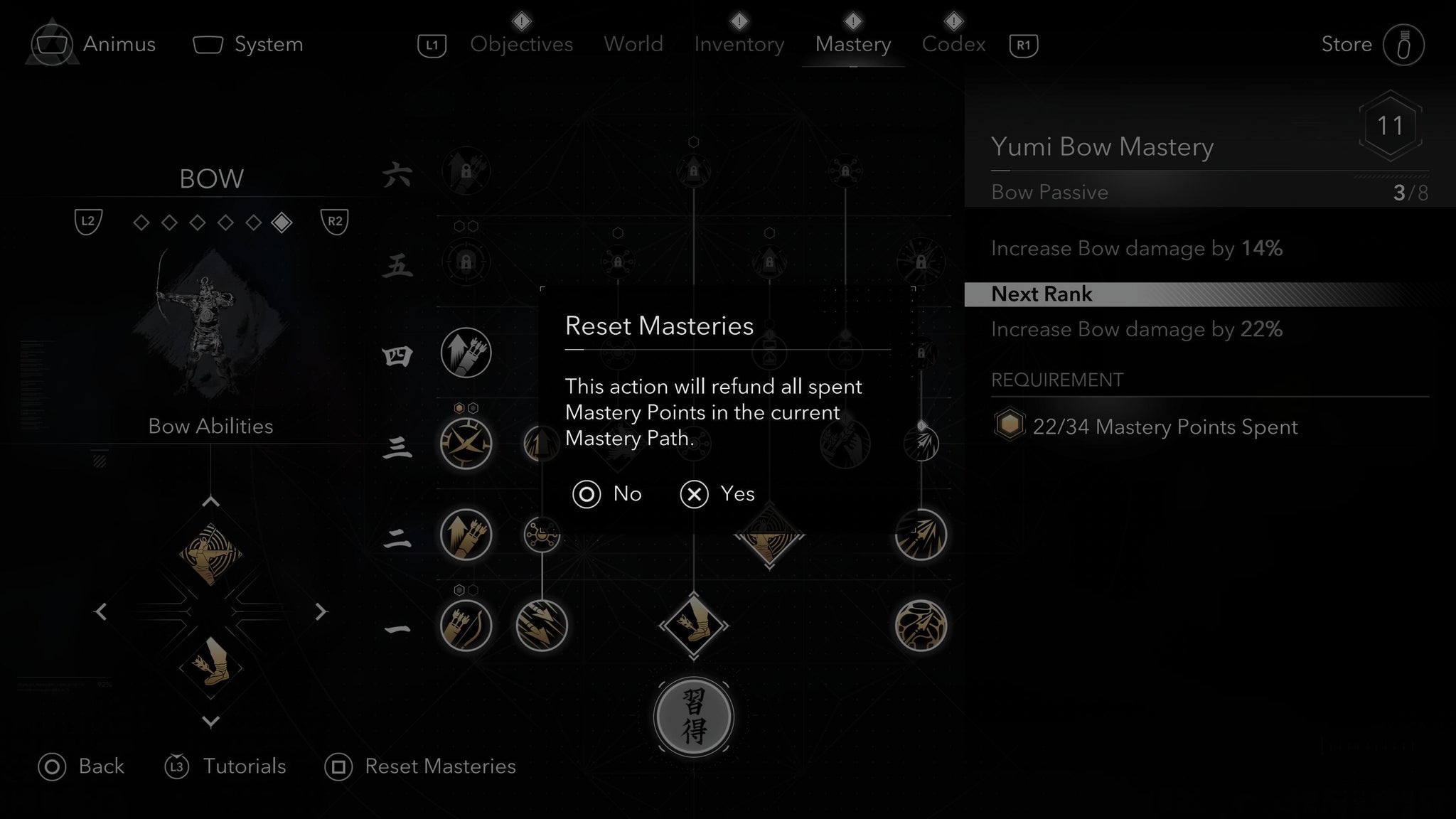A prompt in the Assassin's Creed Shadows menu screen asking if the player wants to reset their Masteries. - 4