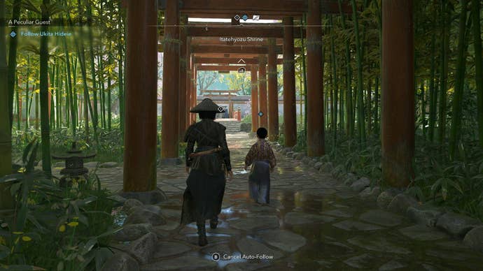 Naoe walks with a young daimyo lord through torii and bamboo.