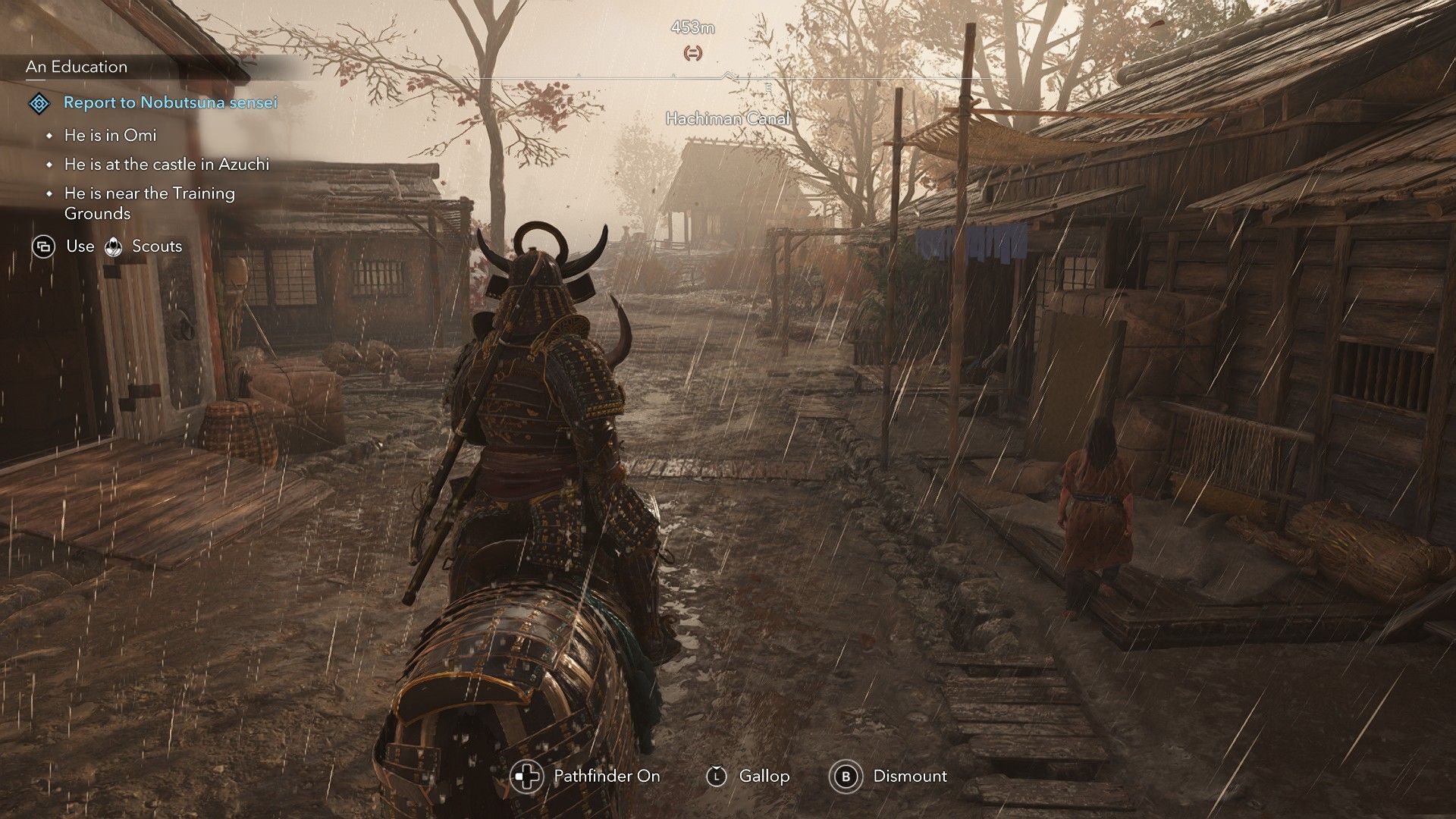 Yasuke on horseback traveling through a town street in the rain. - 3