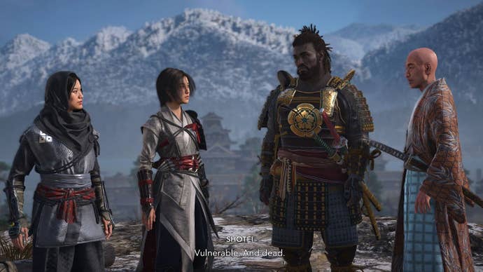 Yasuke and Naoe face each other with two allies at either side, against a backdrop of mountains.