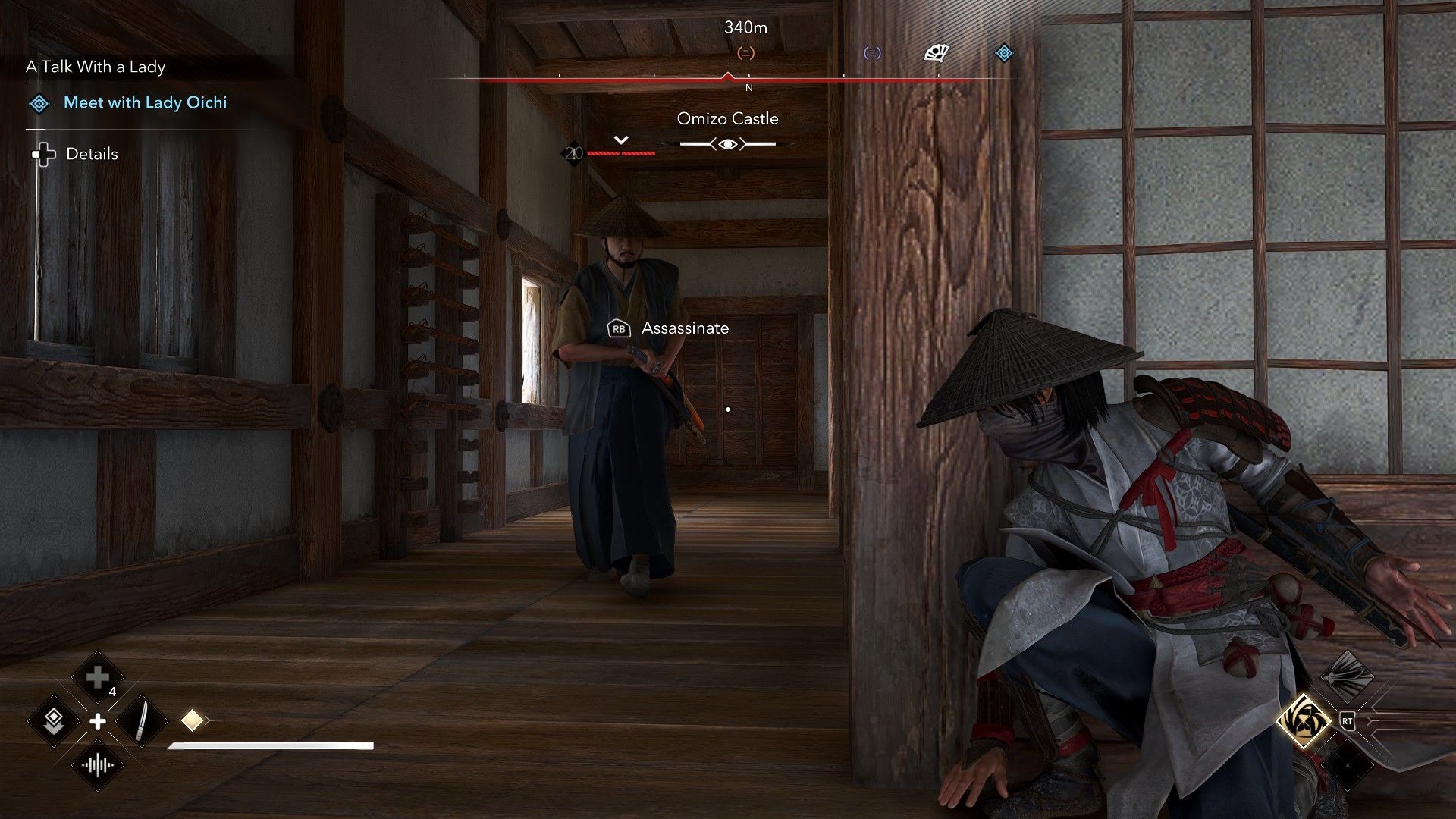 Naoe hides behind a corner in the tenshu of a castle, ready to assassinate an approaching enemy guard. - 10