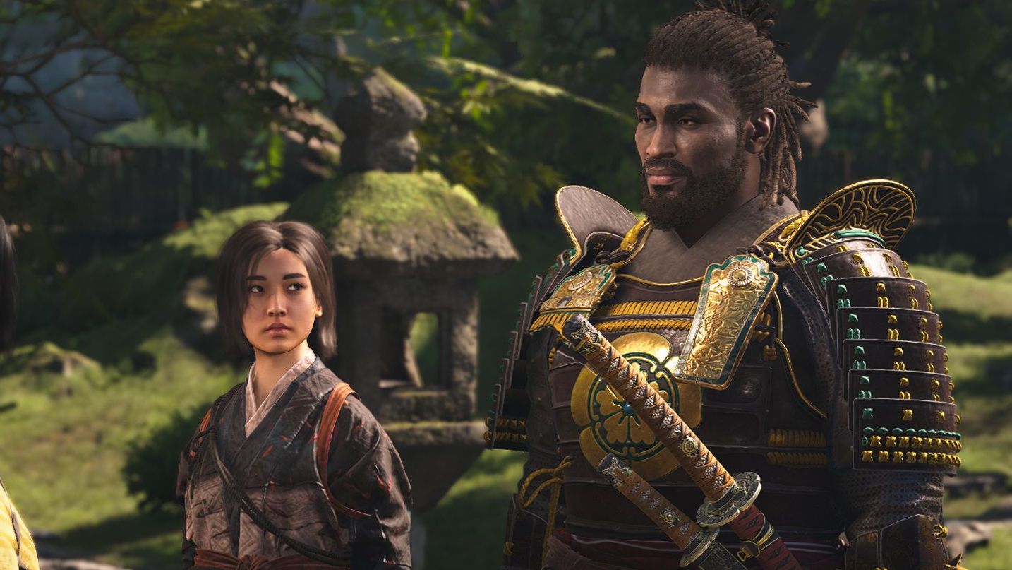 Naoe and Yasuke stand side by side with a mossy lantern in the background. - 1