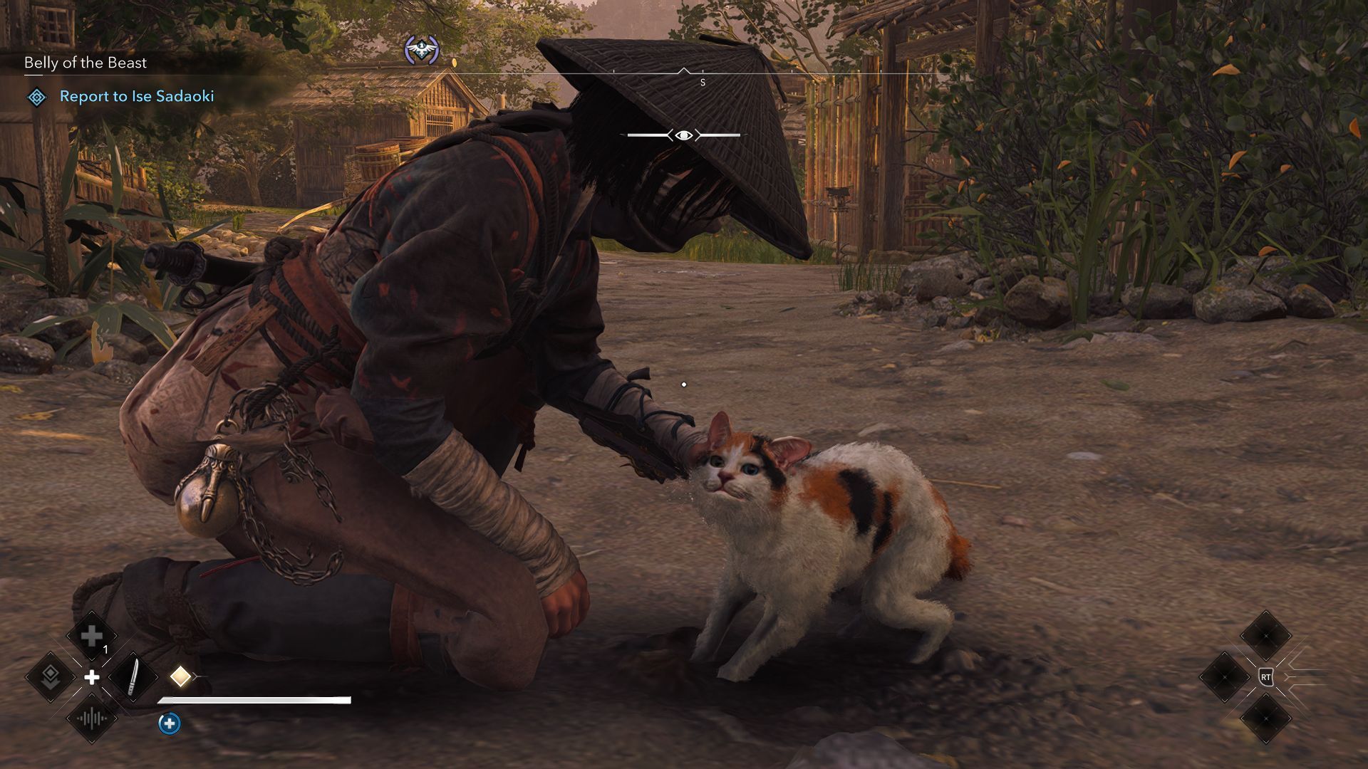 Naoe kneels to pet a calico cat. - 14