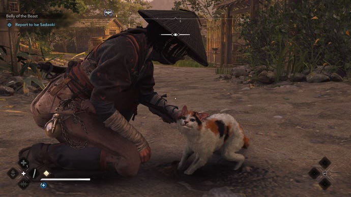 Naoe kneels to pet a calico cat.