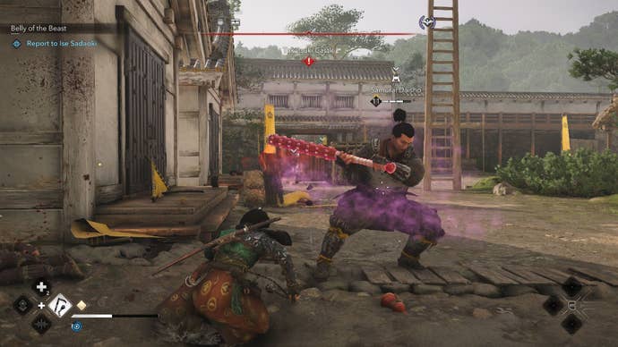 Naoe fights an enemy whose club glows red to show and incoming strike.