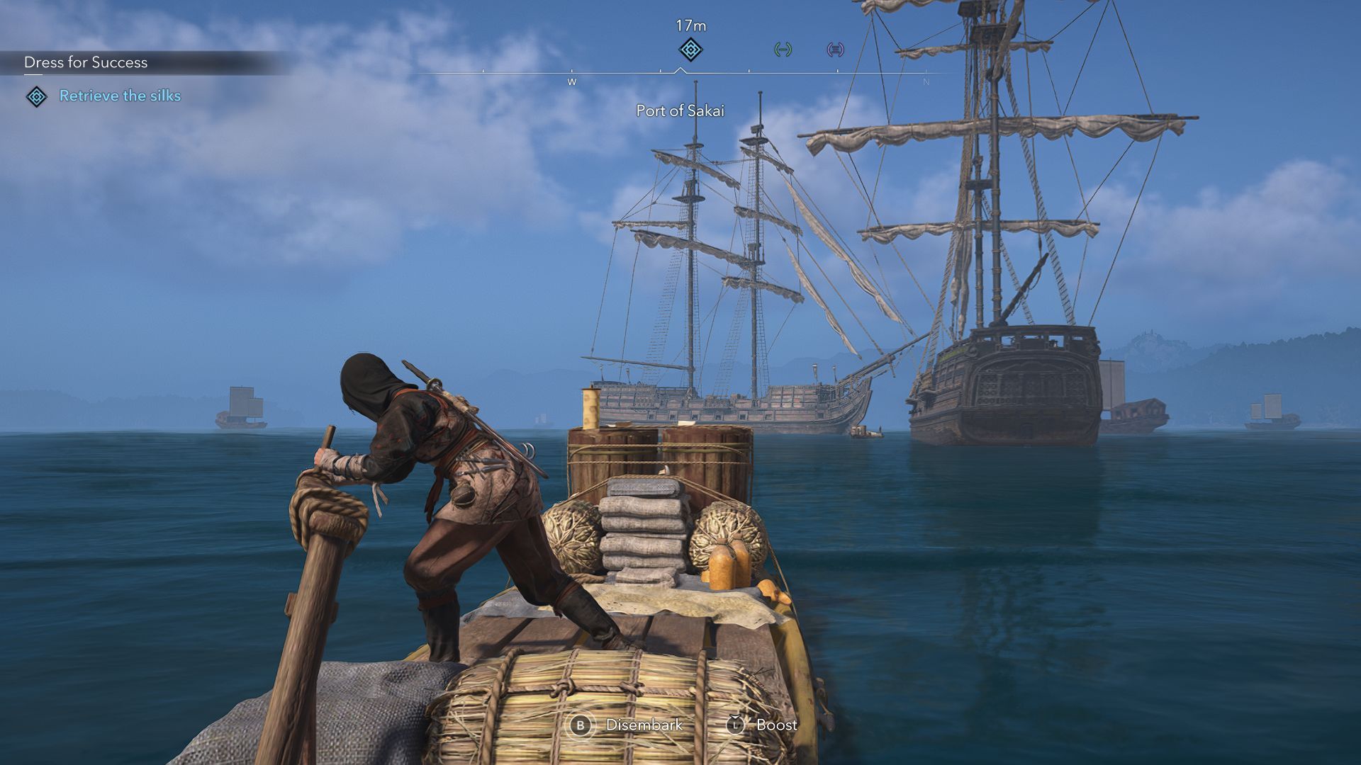 Naoe pilots a small boat at sea to reach a larger vessel. - 7