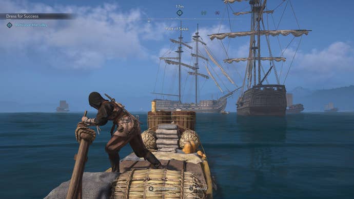 Naoe pilots a small boat at sea to reach a larger vessel.