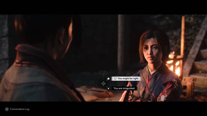 Naoe speaking to Gennojo, one of her romance options, in Assassin’s Creed Shadows.
