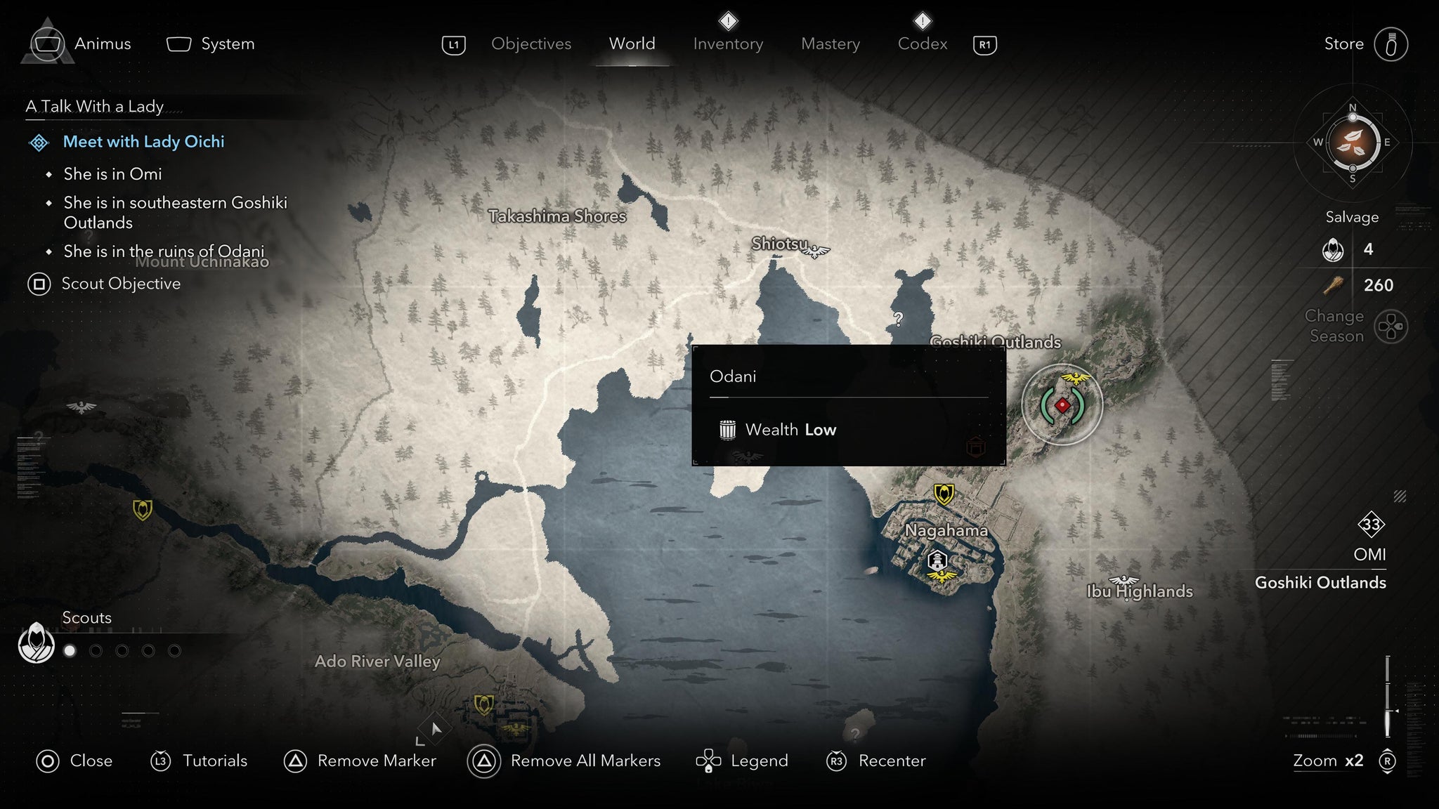 A map screen showing the location of Odani during the A Talk with a Lady quest in Assassin's Creed Shadows. - 3