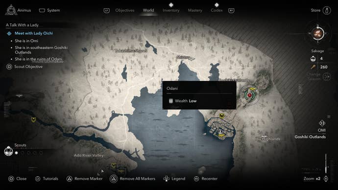 A map screen showing the location of Odani during the A Talk with a Lady quest in Assassin’s Creed Shadows.