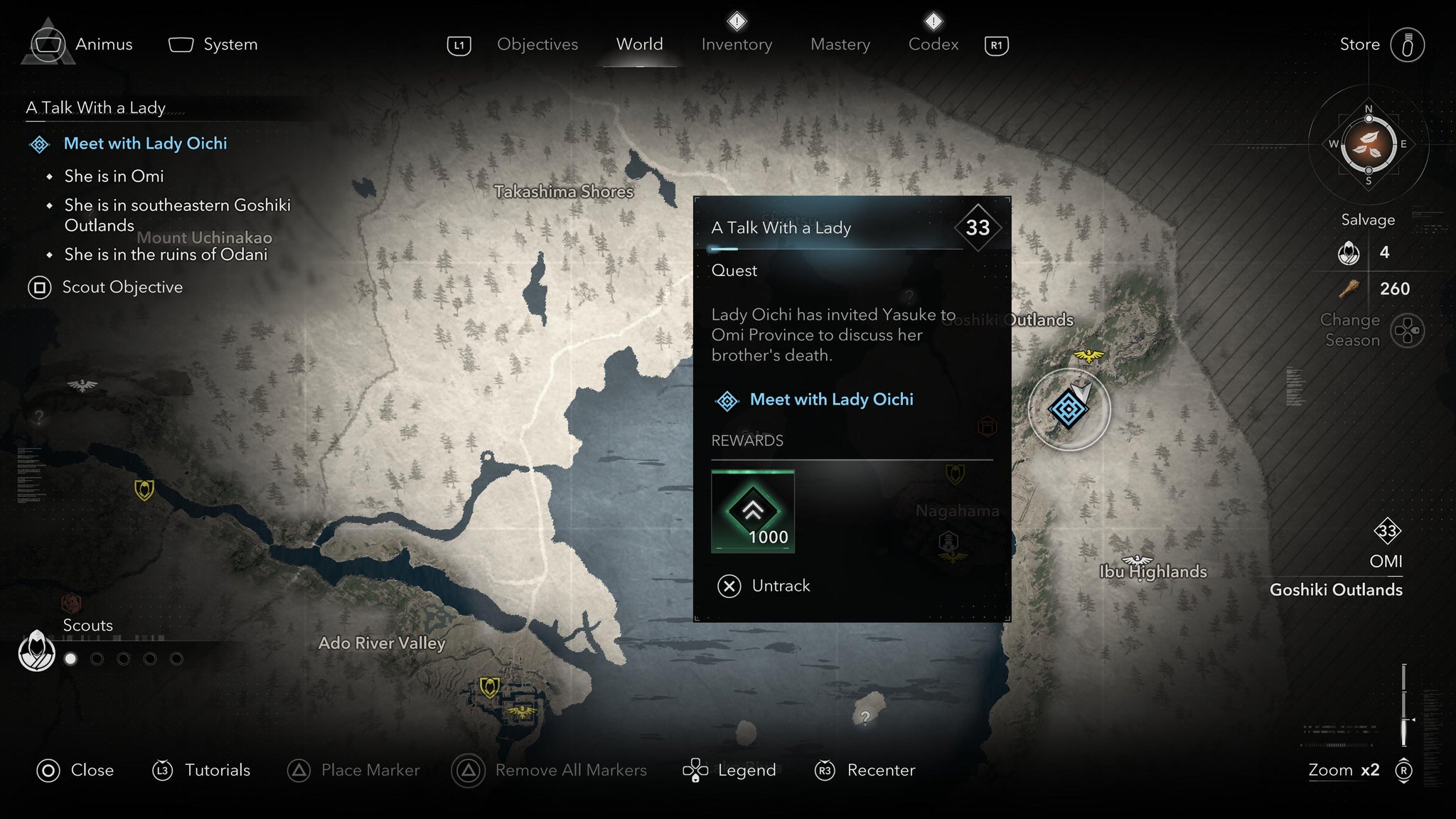 A map screen showing Lady Oichi's location during the A Talk with a Lady Quest in Assassin's Creed Shadows. - 4