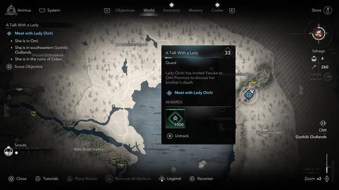 A map screen showing Lady Oichi’s location during the A Talk with a Lady Quest in Assassin’s Creed Shadows.