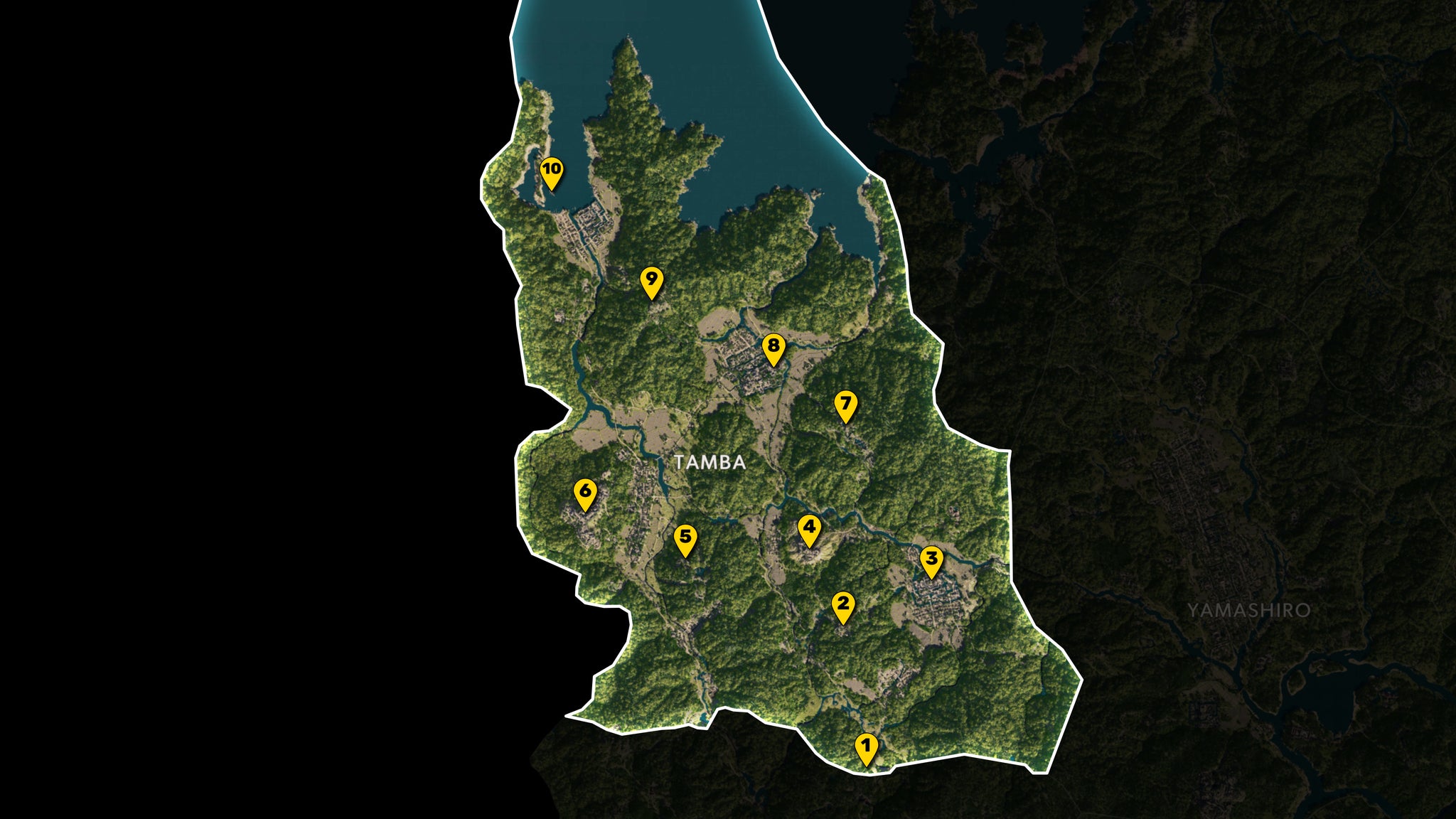 Part of the map of Assassin's Creed Shadows, with everything except the region of Tamba greyed out, and all Viewpoints in the region marked and numbered in yellow. - 10