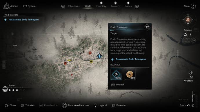 A map screen showing the location of the Betrayer, Endo Tomoyasu, in Assassin’s Creed Shadows.