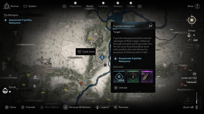 A map screen showing the location of the Betrayer, Fujichika Nakayama, in Assassin’s Creed Shadows.