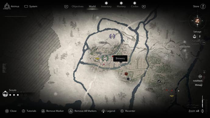 A map screen showing the location of the brewery where Itakura Shigezo is found in Assassin’s Creed Shadows.