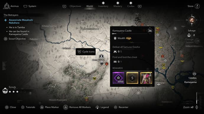 A map screen showing the location of the castle where Masatoshi Nakahara is found in Assassin’s Creed Shadows.