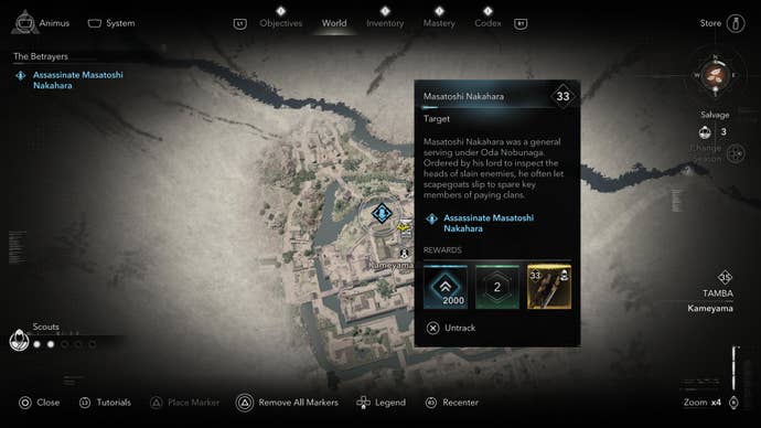 A map screen showing the location of Masatoshi Nakahara in Assassin’s Creed Shadows.